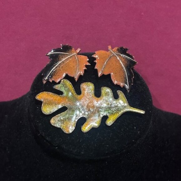 HOLIDAY🎄🎄FALL LEAF Copper Enamel Artisan BROOCHES – 3 LOT - Picture 2 of 6